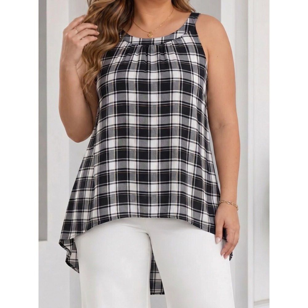 Torrid Black White Plaid High Low Sleeveless Blouse Top Metallic Gold Size 0X